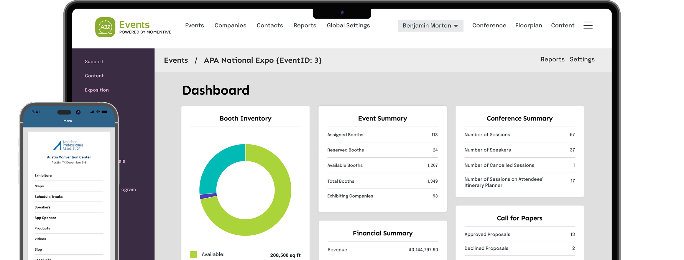 A2Z Events dashboard for an example event, showing a quick summary of key metrics