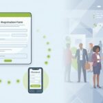
                            Illustrated digital vector graphic showing an event registration form audit on a tablet alongside a mobile phone checkout preview and trade show attendees.                            