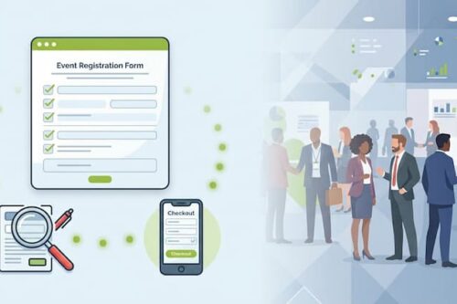 
                Illustrated digital vector graphic showing an event registration form audit on a tablet alongside a mobile phone checkout preview and trade show attendees.