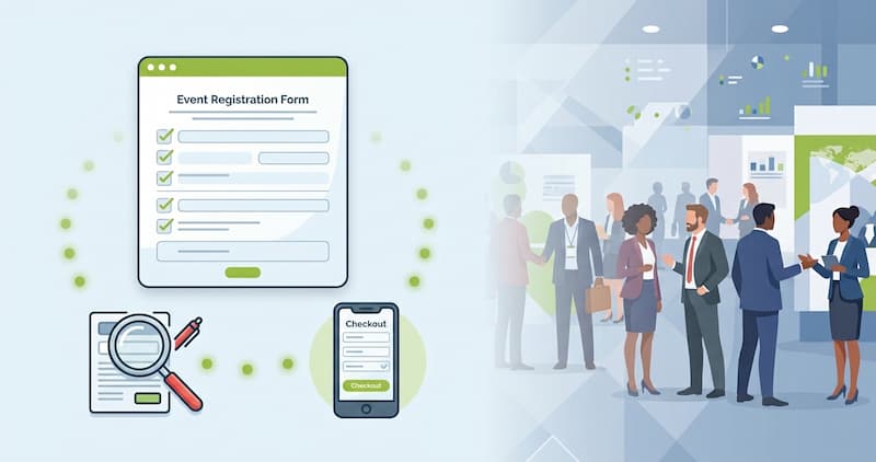 Illustrated digital vector graphic showing an event registration form audit on a tablet alongside a mobile phone checkout preview and trade show attendees.
