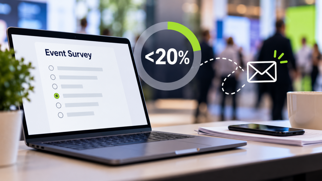 Laptop displaying an event survey beside a graphic showing a response rate under 20 percent at a conference.