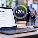 
                            Laptop displaying an event survey beside a graphic showing a response rate under 20 percent at a conference.                            