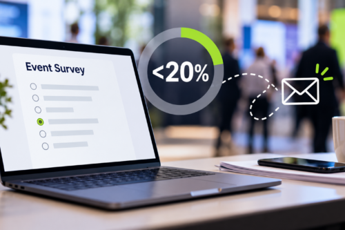 
                Laptop displaying an event survey beside a graphic showing a response rate under 20 percent at a conference.